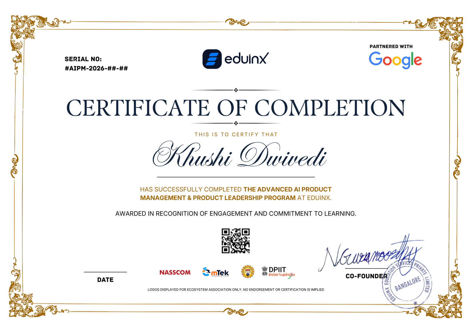 Eduinx Comprehensive AI Product Management Certificate of Completion